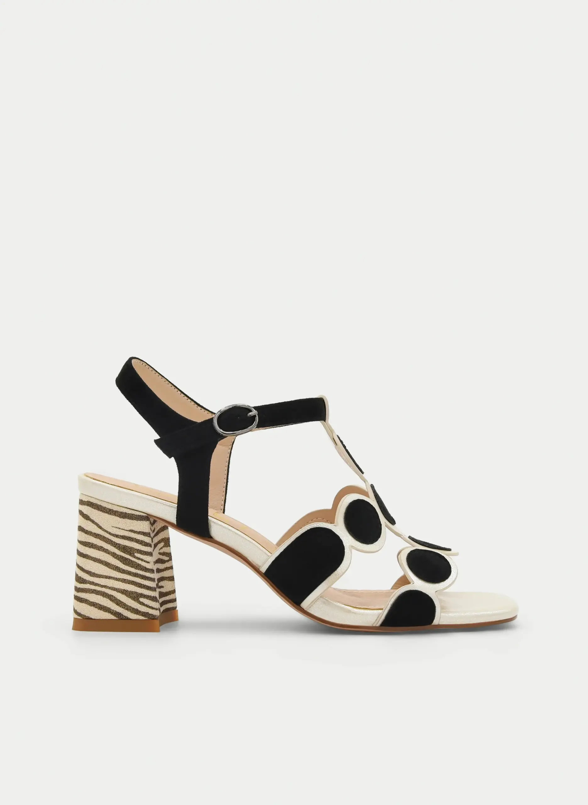 Sandalia Blanco y Negro de Tacón Animal Print Geométrica Azarey